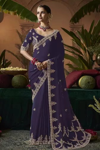 Designer purple satin fabric saree with purple satin blouse fabric
