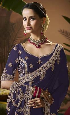Designer purple satin fabric saree with purple satin blouse fabric 2
