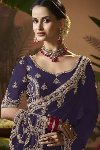 Designer purple satin fabric saree with purple satin blouse fabric