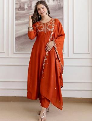 Rust embroidered silk blend kurta pant dupatta set 1