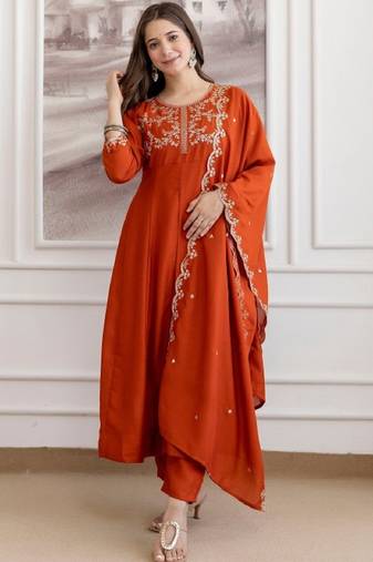 Rust embroidered silk blend kurta pant dupatta set