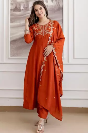 Rust embroidered silk blend kurta pant dupatta set