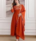 Rust embroidered silk blend kurta pant dupatta set