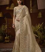 Designer chiku tissue fabric saree with chiku tissue blouse fabric