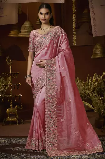 Designer pink tissue fabric saree with pink tissue blouse fabric