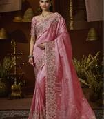 Designer pink tissue fabric saree with pink tissue blouse fabric