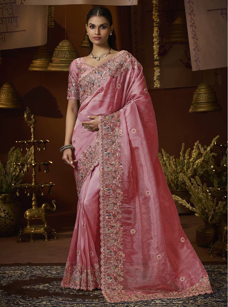 Designer pink tissue fabric saree with pink tissue blouse fabric