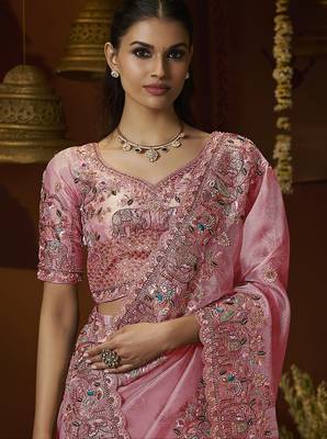 Designer pink tissue fabric saree with pink tissue blouse fabric 2