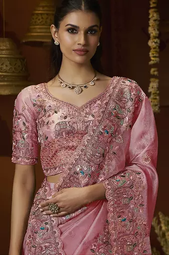 Designer pink tissue fabric saree with pink tissue blouse fabric
