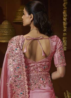 Designer pink tissue fabric saree with pink tissue blouse fabric 3