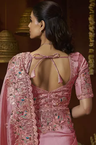 Designer pink tissue fabric saree with pink tissue blouse fabric
