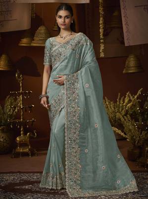 Designer green tissue fabric saree with green tissue blouse fabric 1