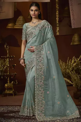 Designer green tissue fabric saree with green tissue blouse fabric