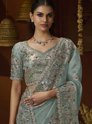 Designer green tissue fabric saree with green tissue blouse fabric 2