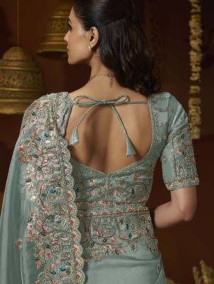 Designer green tissue fabric saree with green tissue blouse fabric 3