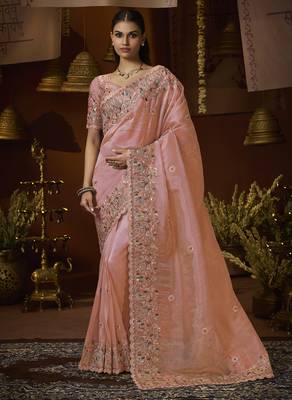 Designer peach tissue fabric saree with peach tissue blouse fabric 1