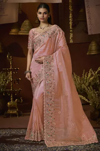 Designer peach tissue fabric saree with peach tissue blouse fabric