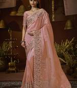 Designer peach tissue fabric saree with peach tissue blouse fabric