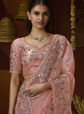 Designer peach tissue fabric saree with peach tissue blouse fabric 2