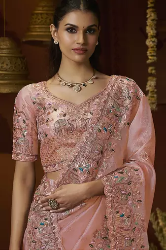 Designer peach tissue fabric saree with peach tissue blouse fabric