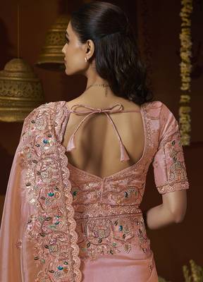 Designer peach tissue fabric saree with peach tissue blouse fabric 3
