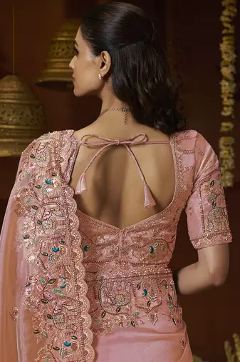 Designer peach tissue fabric saree with peach tissue blouse fabric