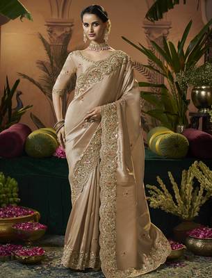 designer gold silk blend fabric saree with gold silk blend blouse fabric 1