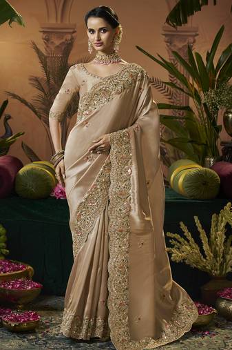designer gold silk blend fabric saree with gold silk blend blouse fabric