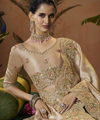 designer gold silk blend fabric saree with gold silk blend blouse fabric 2