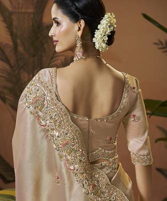 designer gold silk blend fabric saree with gold silk blend blouse fabric 3