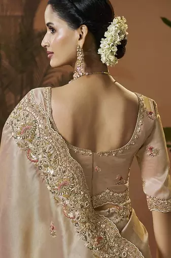 designer gold silk blend fabric saree with gold silk blend blouse fabric