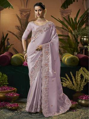 designer lavender silk blend fabric saree with lavender silk blend blouse fabric 1