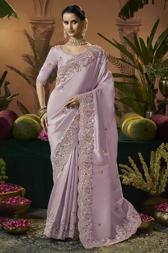 designer lavender silk blend fabric saree with lavender silk blend blouse fabric