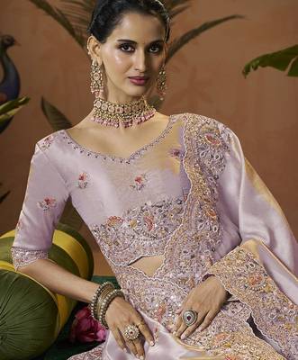 designer lavender silk blend fabric saree with lavender silk blend blouse fabric 2