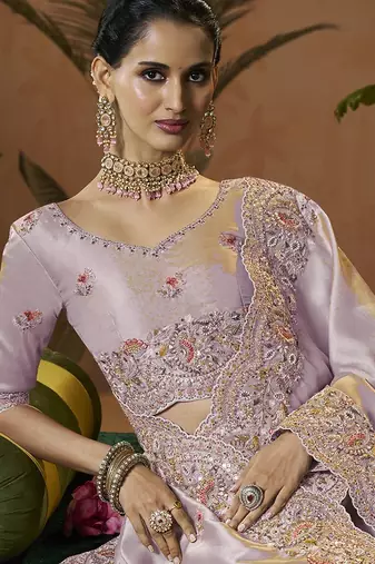 designer lavender silk blend fabric saree with lavender silk blend blouse fabric