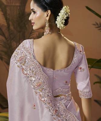 designer lavender silk blend fabric saree with lavender silk blend blouse fabric 3