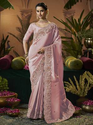 designer pink silk blend fabric saree with pink silk blend blouse fabric 1