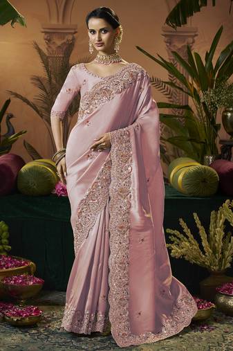 designer pink silk blend fabric saree with pink silk blend blouse fabric