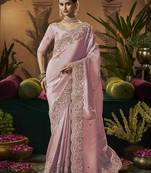 designer pink silk blend fabric saree with pink silk blend blouse fabric