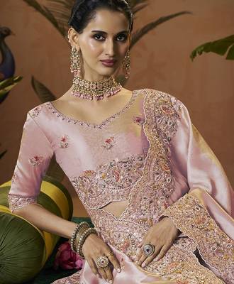 designer pink silk blend fabric saree with pink silk blend blouse fabric 2