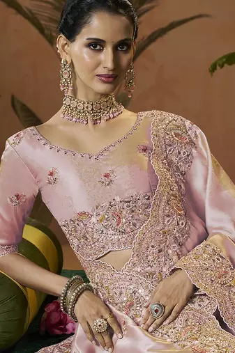 designer pink silk blend fabric saree with pink silk blend blouse fabric