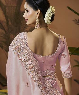 designer pink silk blend fabric saree with pink silk blend blouse fabric 3