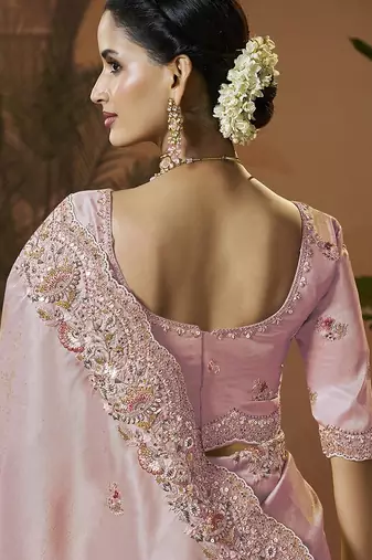 designer pink silk blend fabric saree with pink silk blend blouse fabric