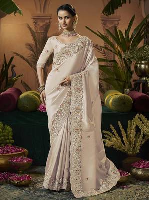 designer cream silk blend fabric saree with cream silk blend blouse fabric 1