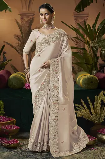 designer cream silk blend fabric saree with cream silk blend blouse fabric