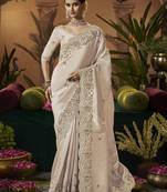 designer cream silk blend fabric saree with cream silk blend blouse fabric
