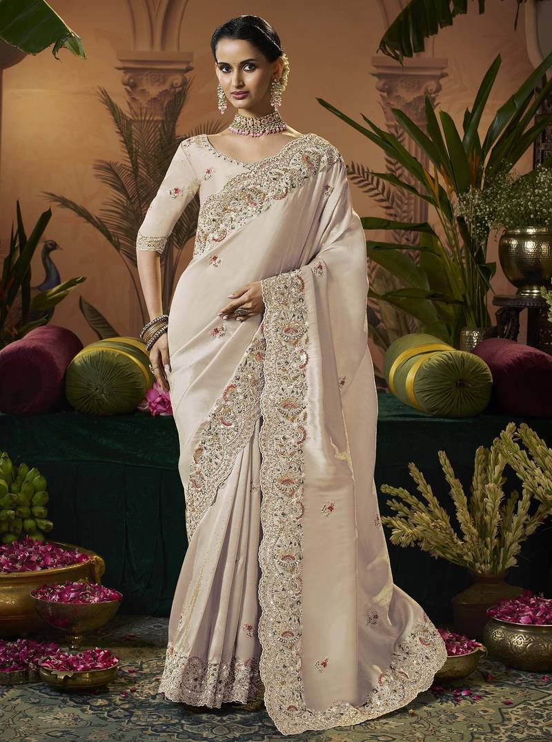 designer cream silk blend fabric saree with cream silk blend blouse fabric