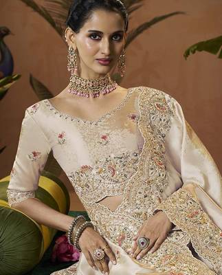 designer cream silk blend fabric saree with cream silk blend blouse fabric 2