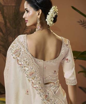 designer cream silk blend fabric saree with cream silk blend blouse fabric 3