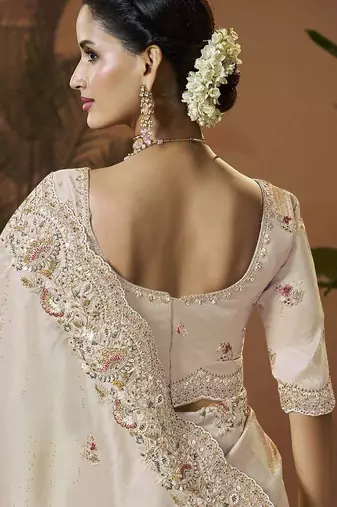 designer cream silk blend fabric saree with cream silk blend blouse fabric
